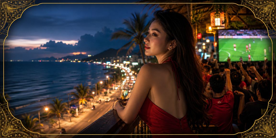 Người dùng xem kèo bóng đá trên bãi biển Mũi Né qua điện thoại